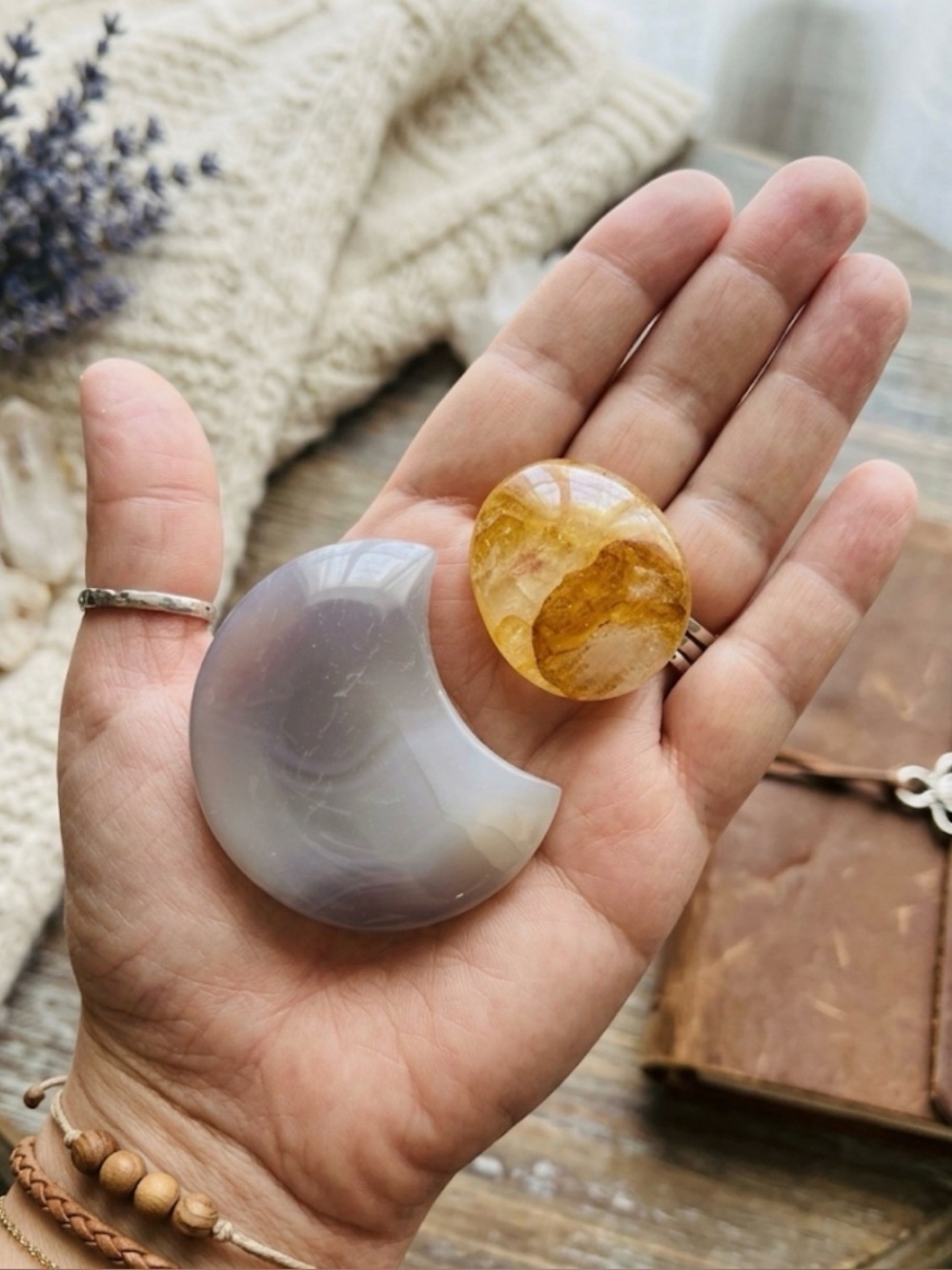 Grey Agate Moon Carving and Golden Healer Polished Stone I Solar & Lunar Synergy
